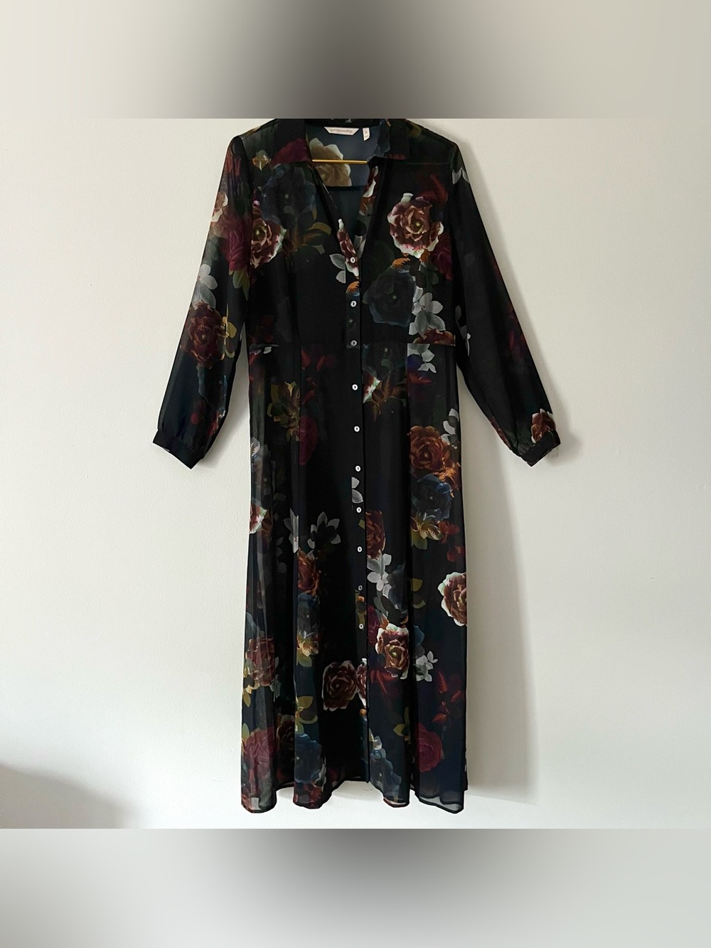Soft Surroundings Sheer Black Burgundy Moody Floral Maxi Shirtdress Whimsigoth M